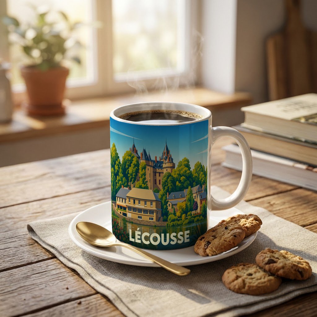 Mug souvenir de la ville de Lécousse avec une illustration stylisée d'un château et de maisons colorées.
