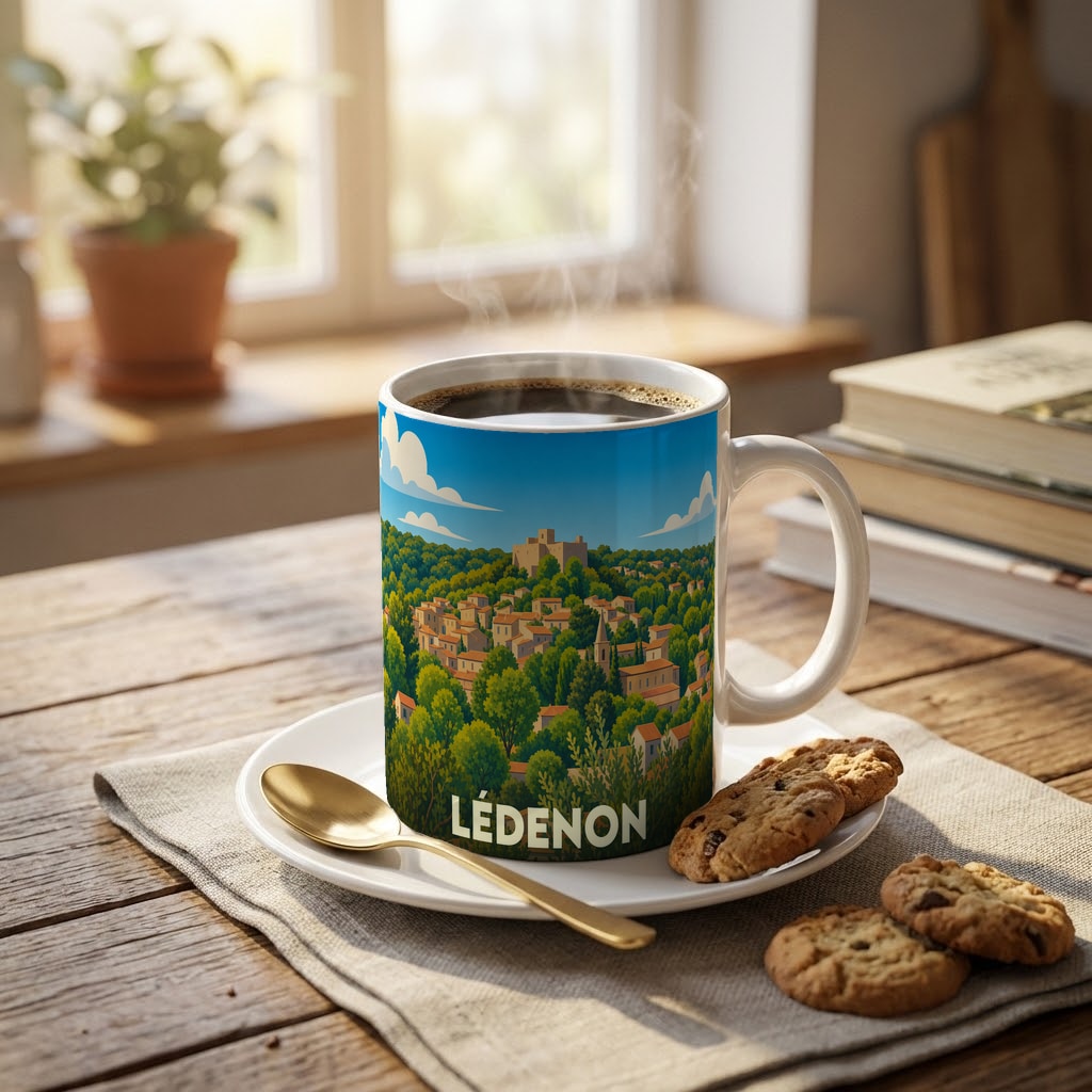 Mug souvenir de la ville de Lédenon avec une illustration stylisée d'un village perché.