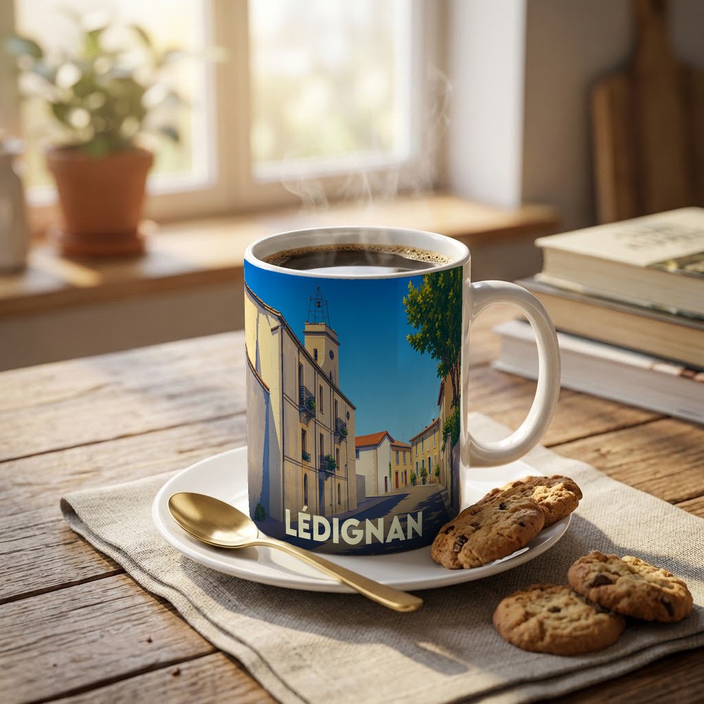 Mug souvenir de la ville de Lédignan avec une illustration stylisée d'une rue ensoleillée.