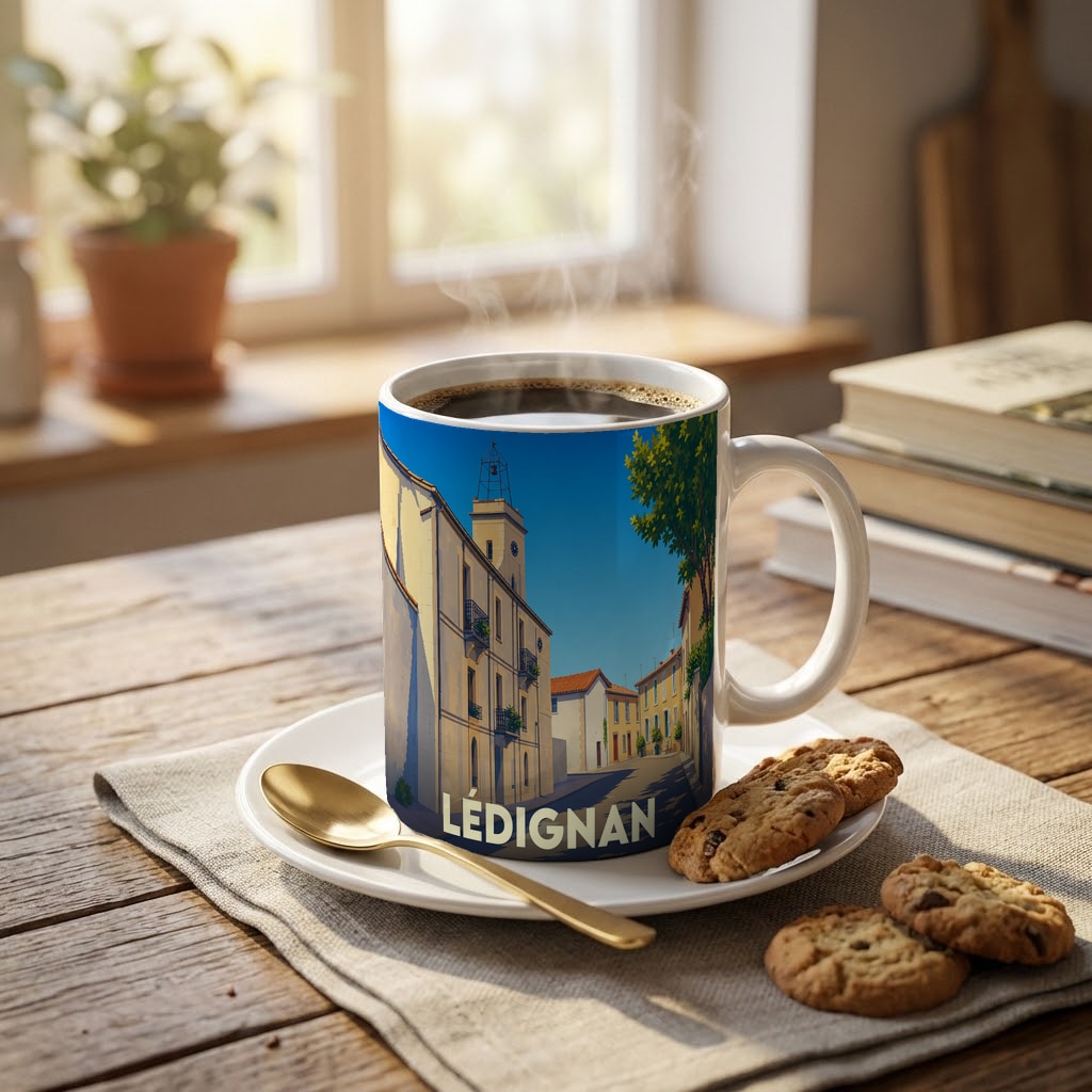Mug souvenir de la ville de Lédignan avec une illustration stylisée d'une rue ensoleillée.