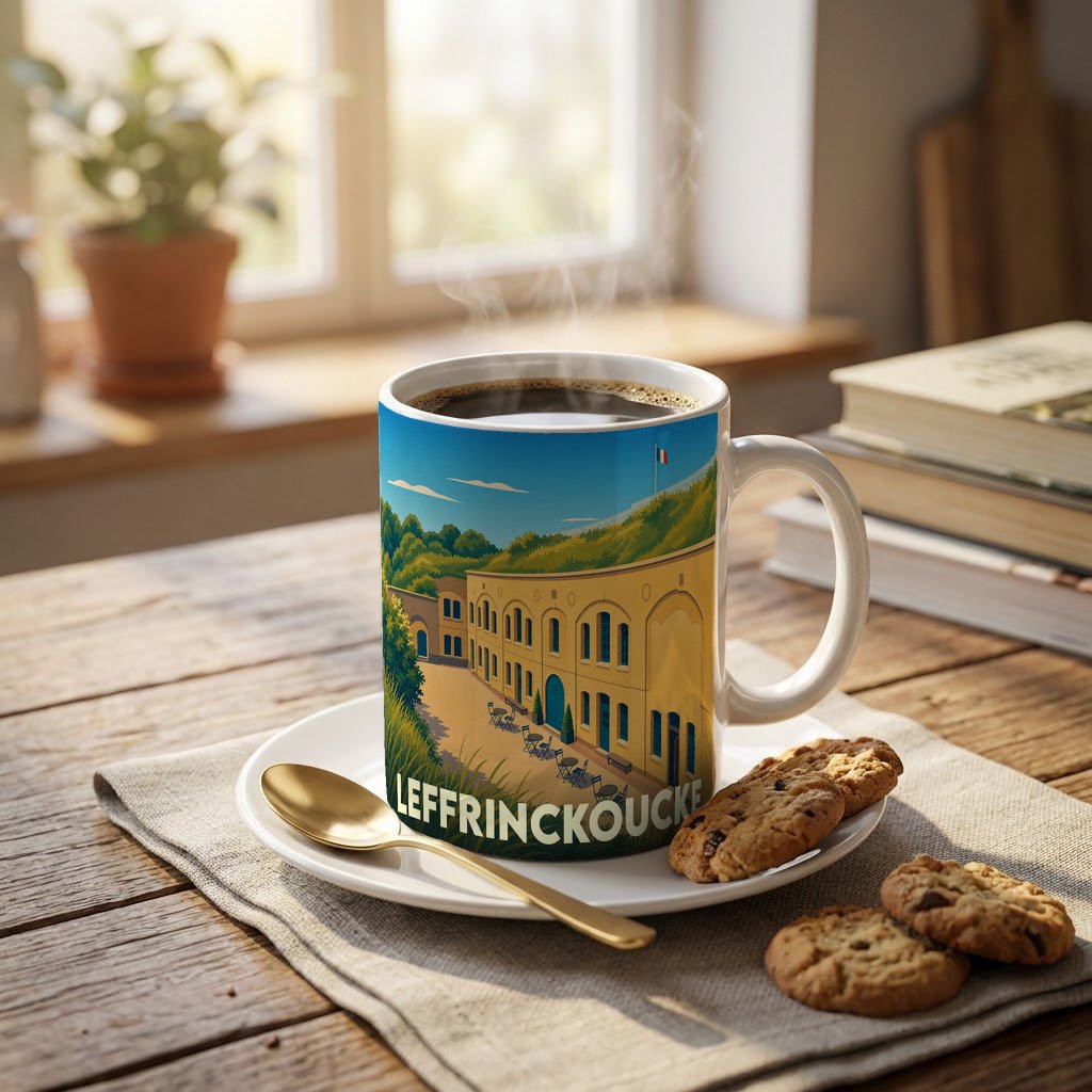 Mug souvenir de la ville de Leffrinckoucke avec une illustration stylisée d'un fort historique.