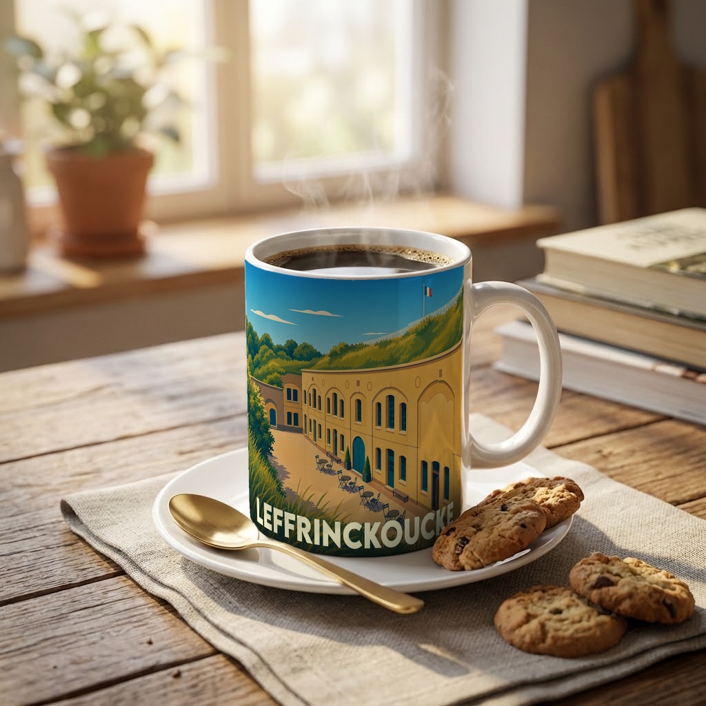 Mug souvenir de la ville de Leffrinckoucke avec une illustration stylisée d'un bâtiment historique.
