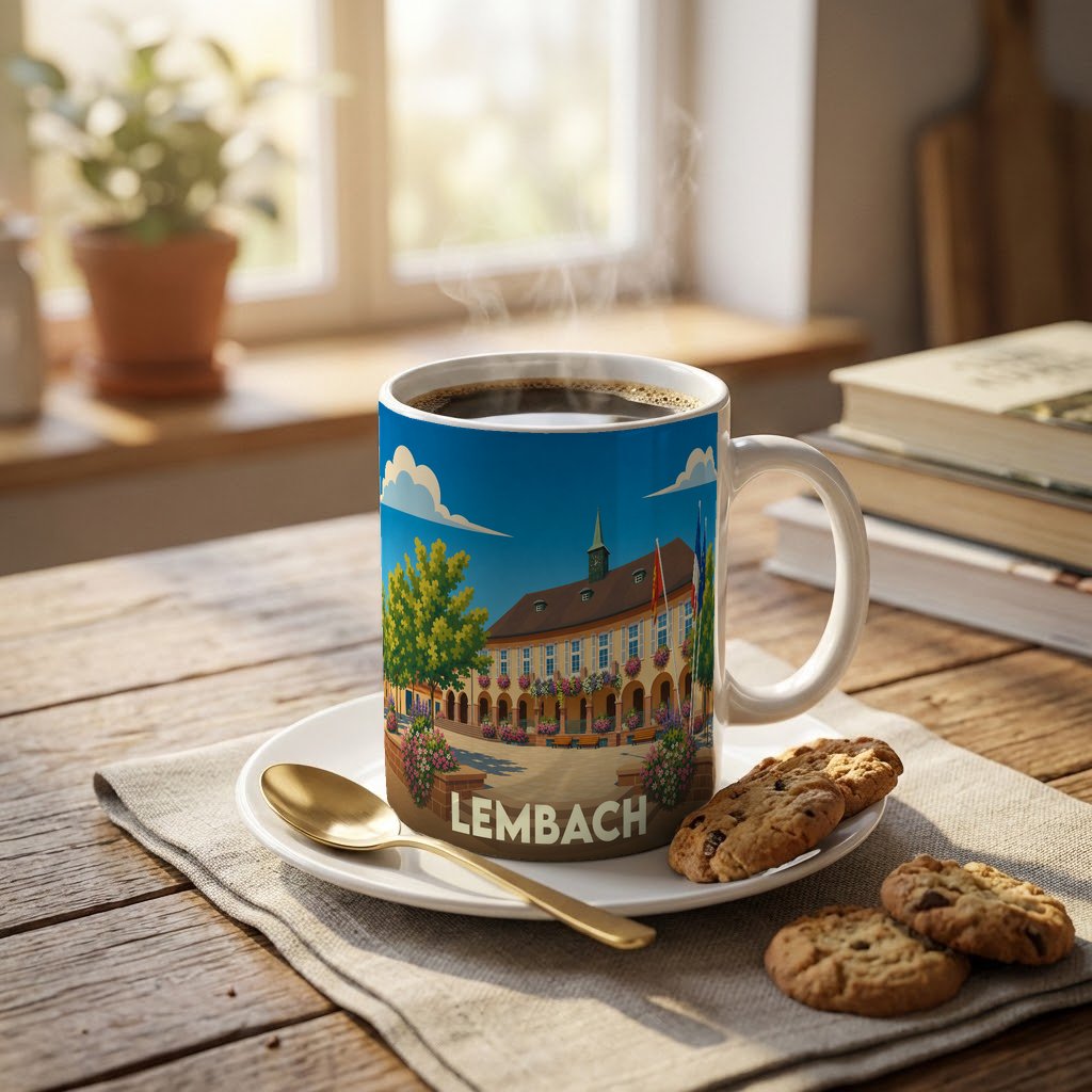 Mug souvenir de la ville de Lembach avec une illustration stylisée d'un bâtiment historique et de fleurs.