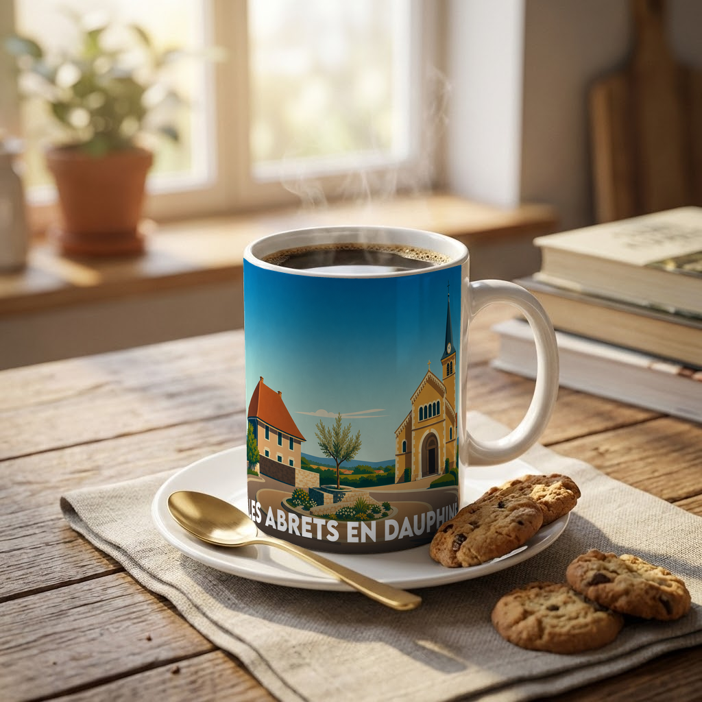Mug souvenir de la ville de Les Abrets en Dauphiné orné d'une illustration stylisée de son église et de ses paysages.