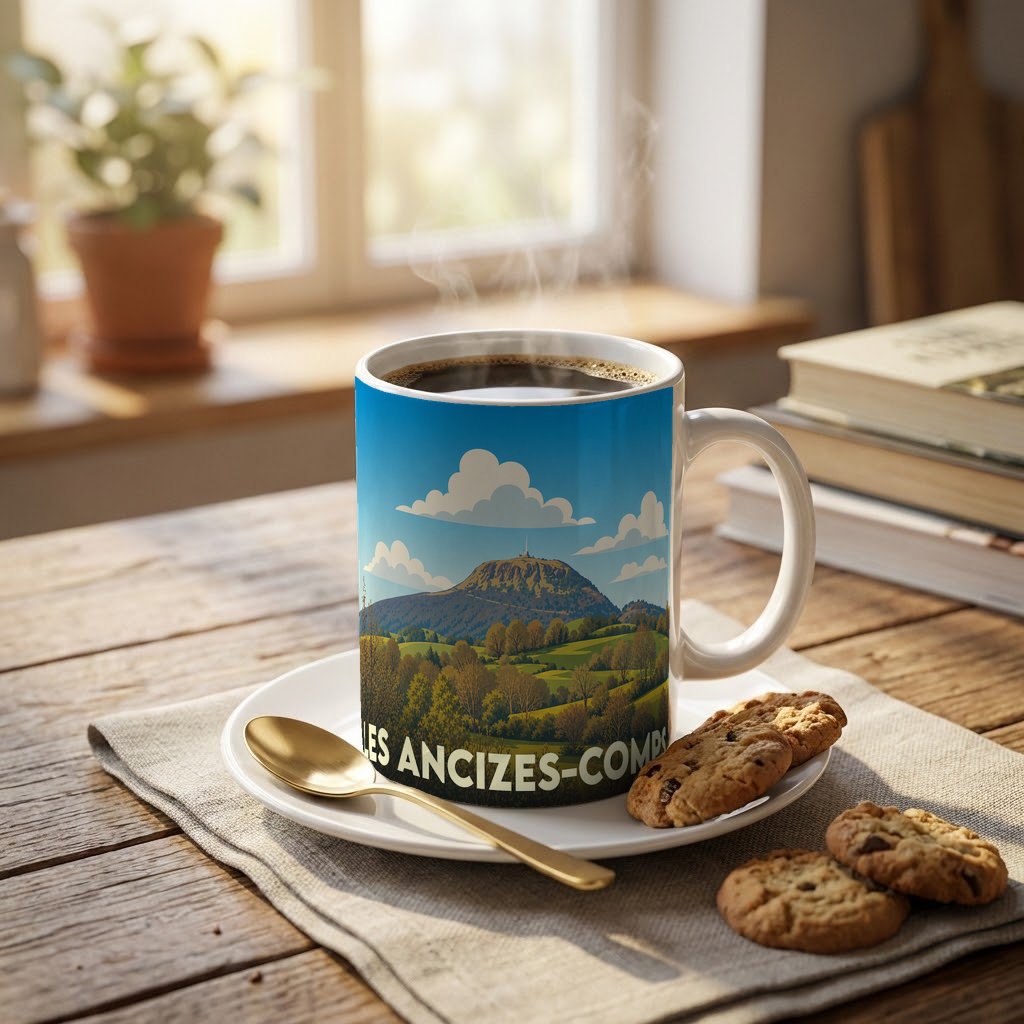 Mug souvenir de la ville de Les Ancizes-Comps orné d'une illustration stylisée du Puy de Dôme et de sa campagne.