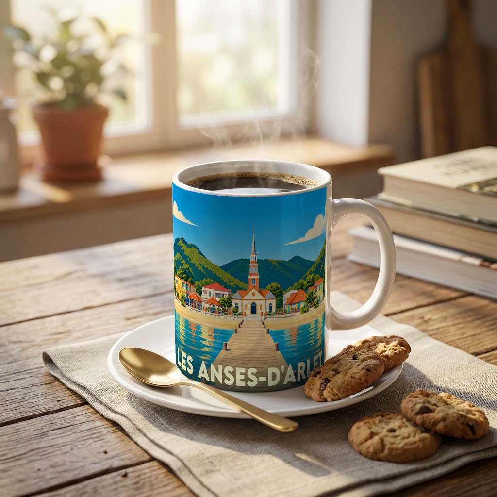 Mug souvenir de la ville de Les Anses-d'Arlet avec une illustration stylisée d'un village côtier.