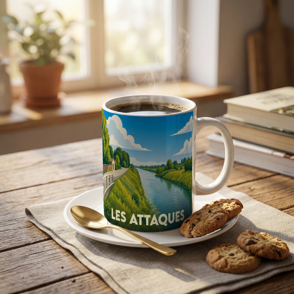 Mug souvenir de la ville de Les Attaques avec une illustration stylisée d'un canal.