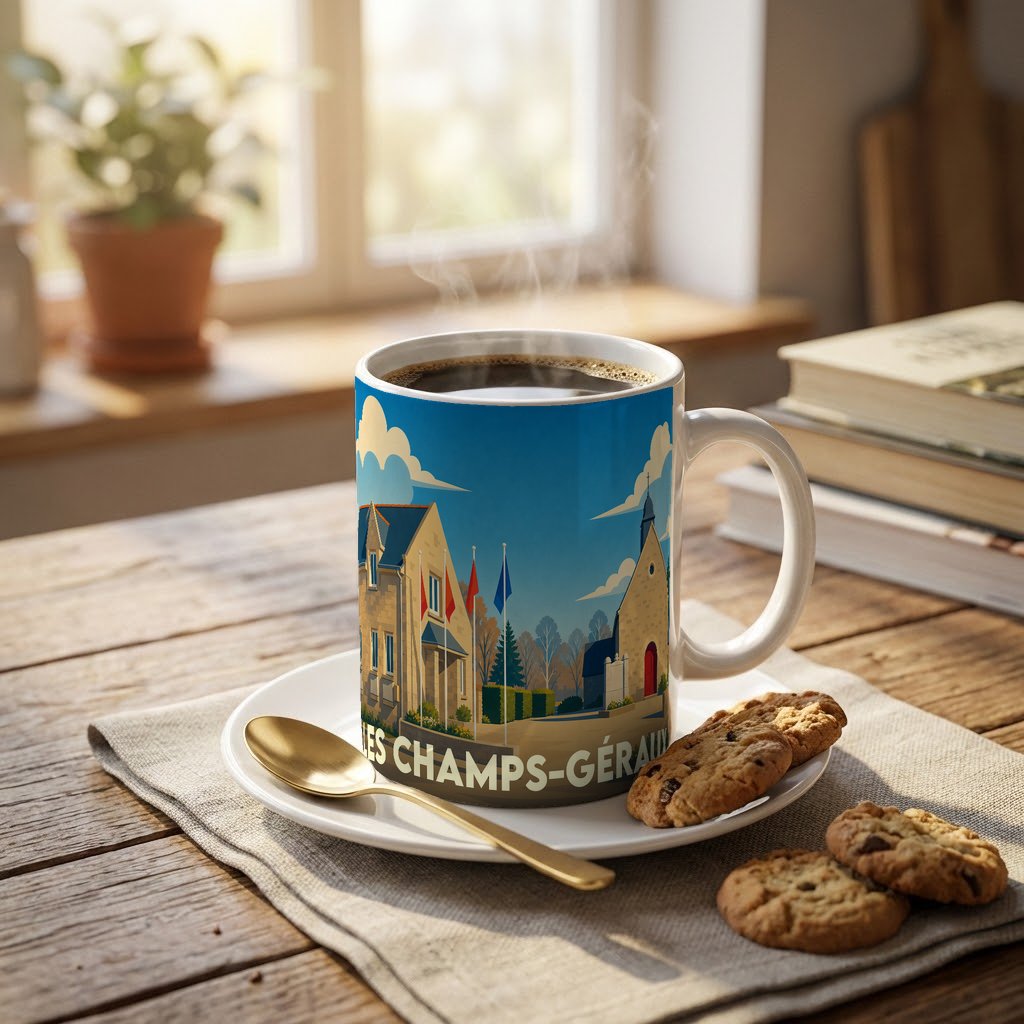 Mug souvenir de la ville de Les Champs-Géraux avec une illustration stylisée et colorée.