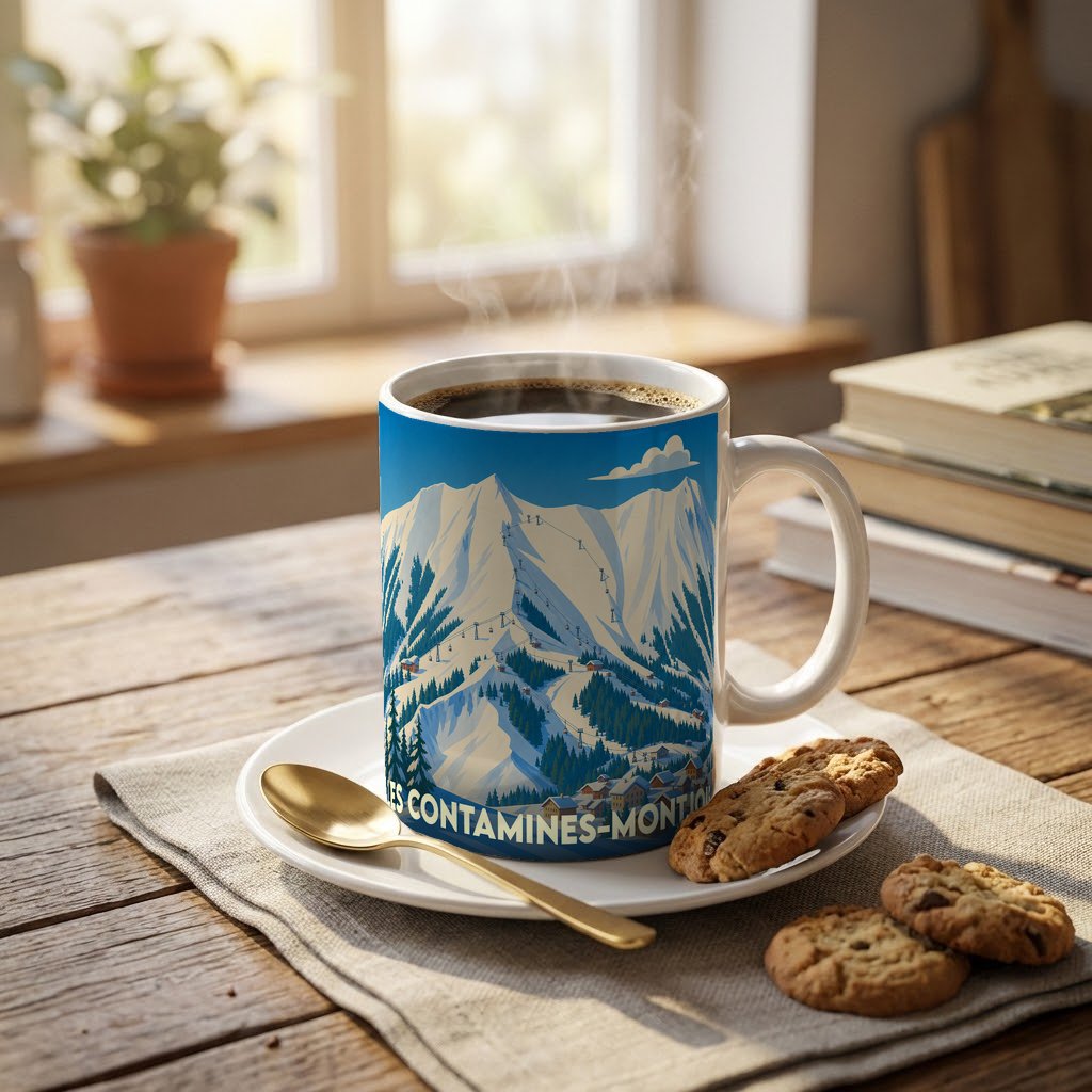 Mug souvenir de la ville de Les Contamines-Montjoie orné d'une illustration de paysage de montagne enneigé.