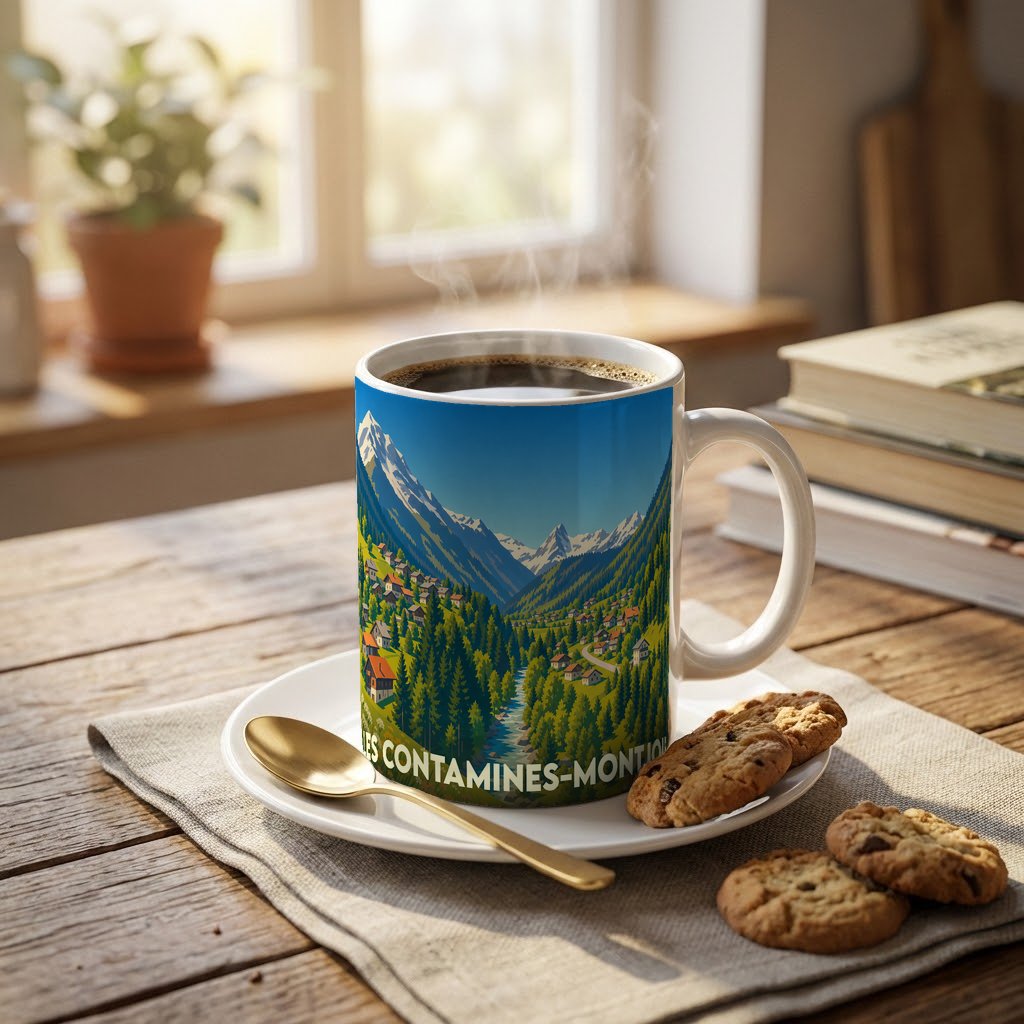 Mug souvenir de la ville de Les Contamines-Montjoie orné d'une illustration de paysage de montagne.