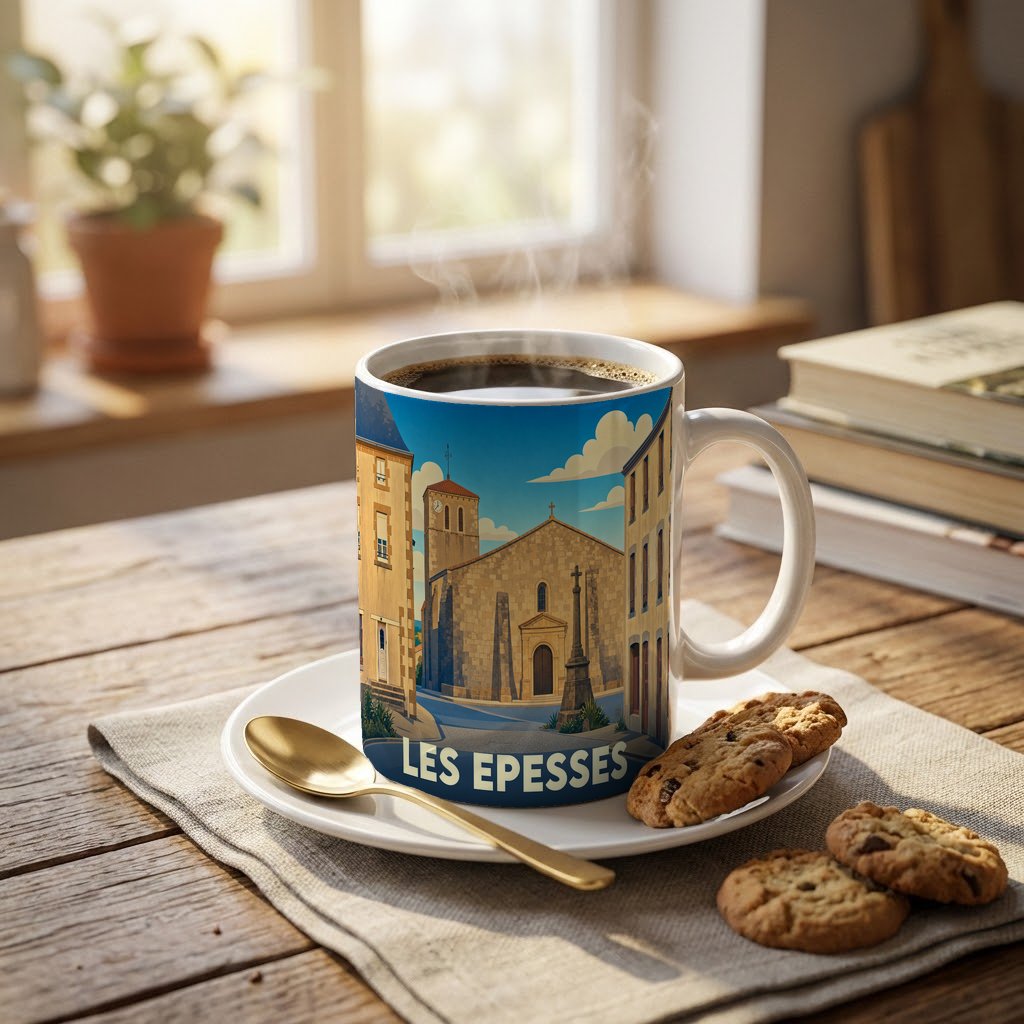 Mug souvenir de la ville de Les Epesses avec une illustration stylisée de son église.