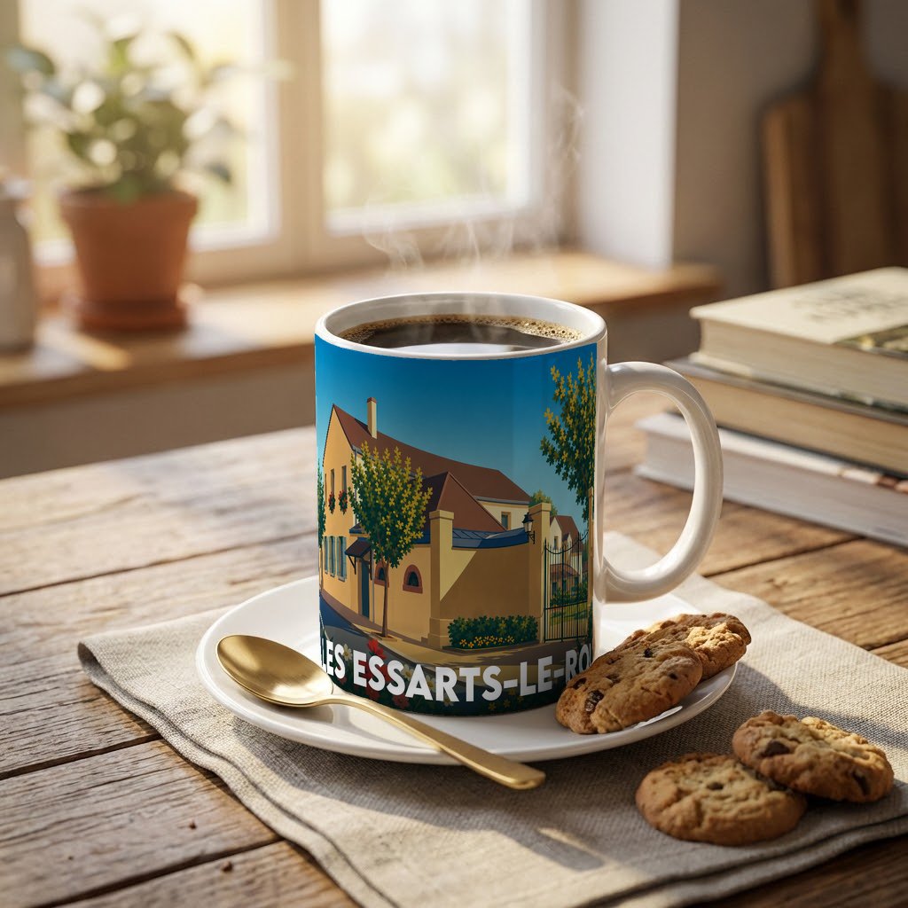 Mug souvenir de la ville de Les Essarts-le-Roi avec une illustration stylisée.