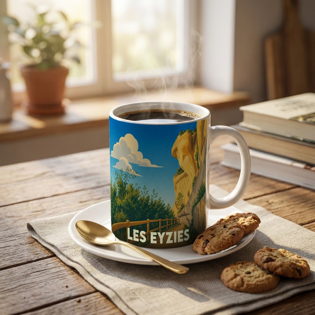 Mug souvenir de la ville de Les Eyzies orné d'une illustration stylisée de ses falaises.