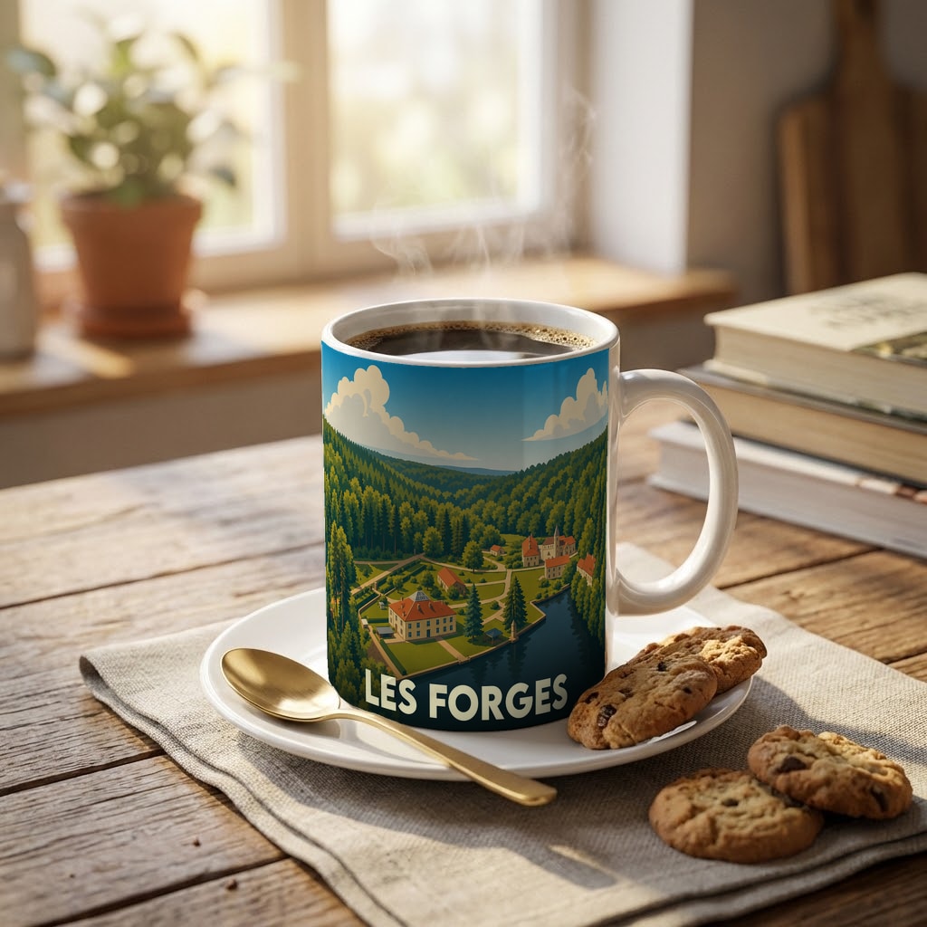 Mug souvenir de la ville de Les Forges avec une illustration stylisée d'un paysage de campagne.