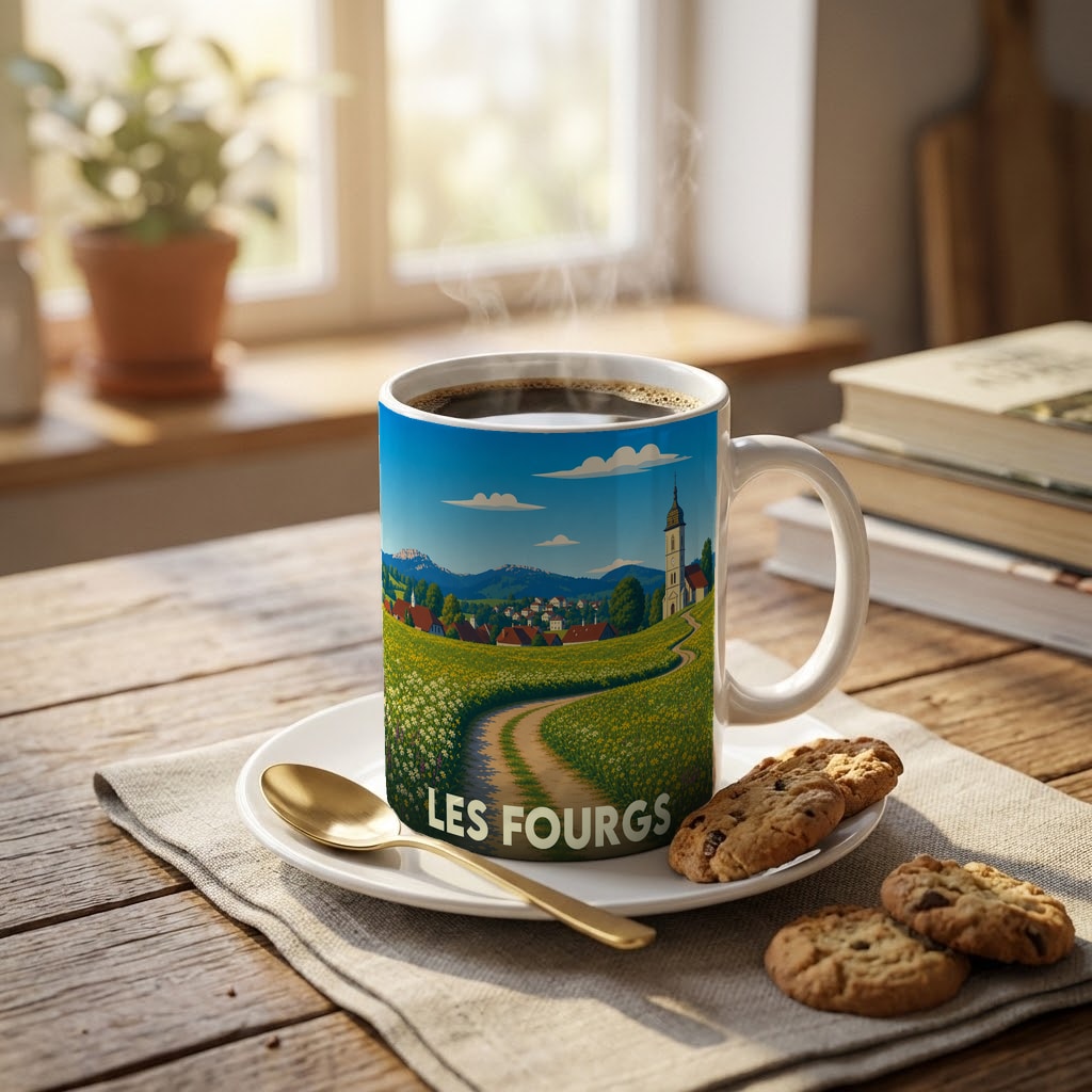 Mug souvenir de la ville de Les Fourgs orné d'une illustration paysagère stylisée.