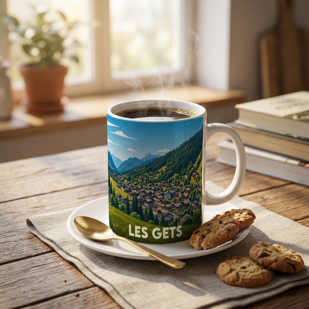 Mug souvenir de la ville de Les Gets illustré d'un paysage de montagne et d'un village alpin.