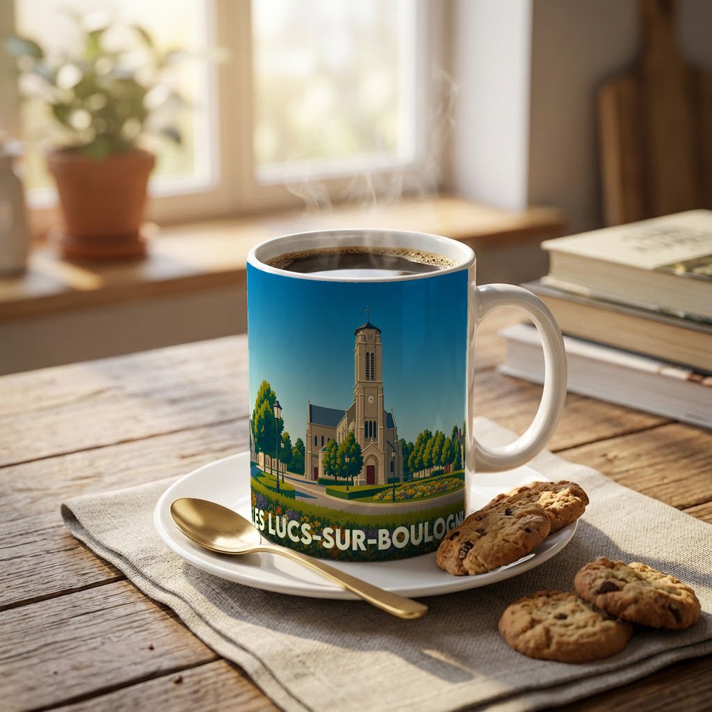 Mug souvenir de la ville de Les Lucs-sur-Boulogne avec une illustration stylisée de son église.