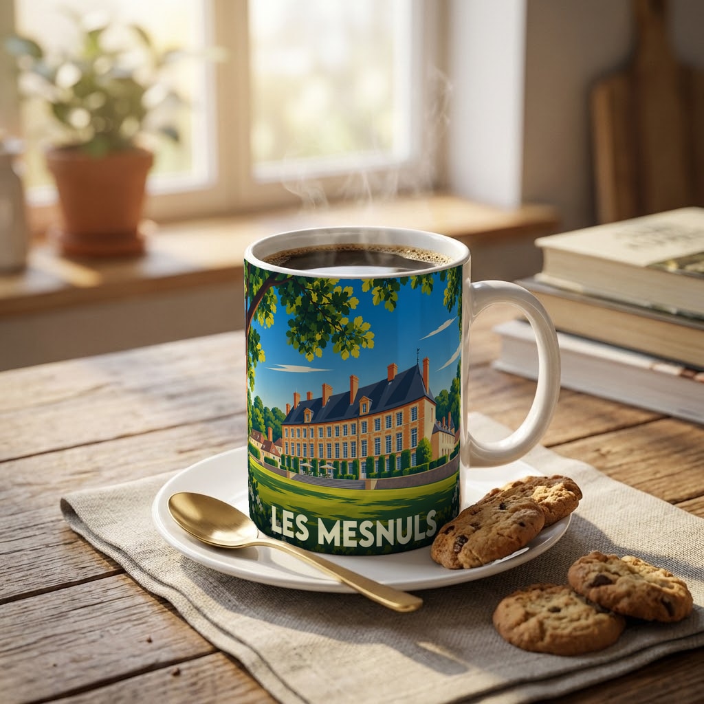 Mug souvenir de la ville de Les Mesnuls avec une illustration stylisée du château local.