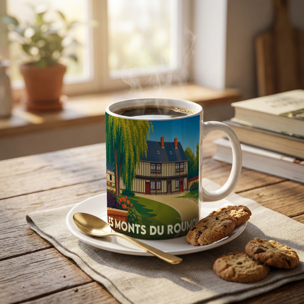 Mug souvenir de la ville de Les Monts du Roumois avec une illustration stylisée d'une maison traditionnelle.
