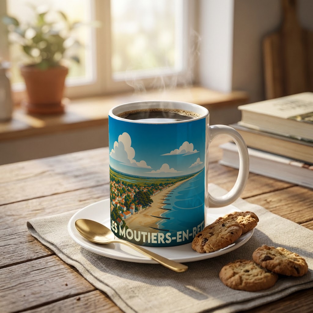 Mug souvenir de la ville de Les Moutiers-en-Retz avec une illustration côtière stylisée.