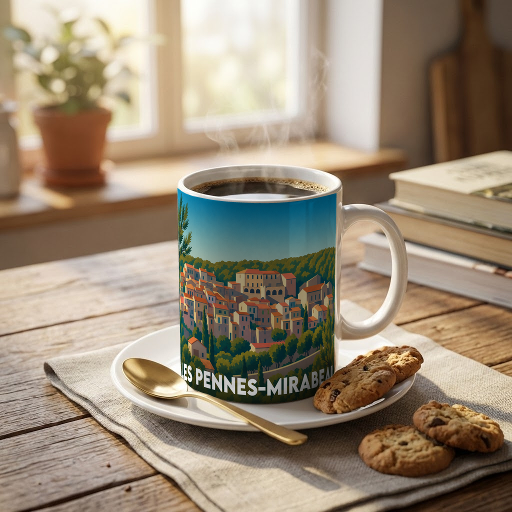 Mug souvenir de la ville de Les Pennes-Mirabeau avec une illustration stylisée du village.