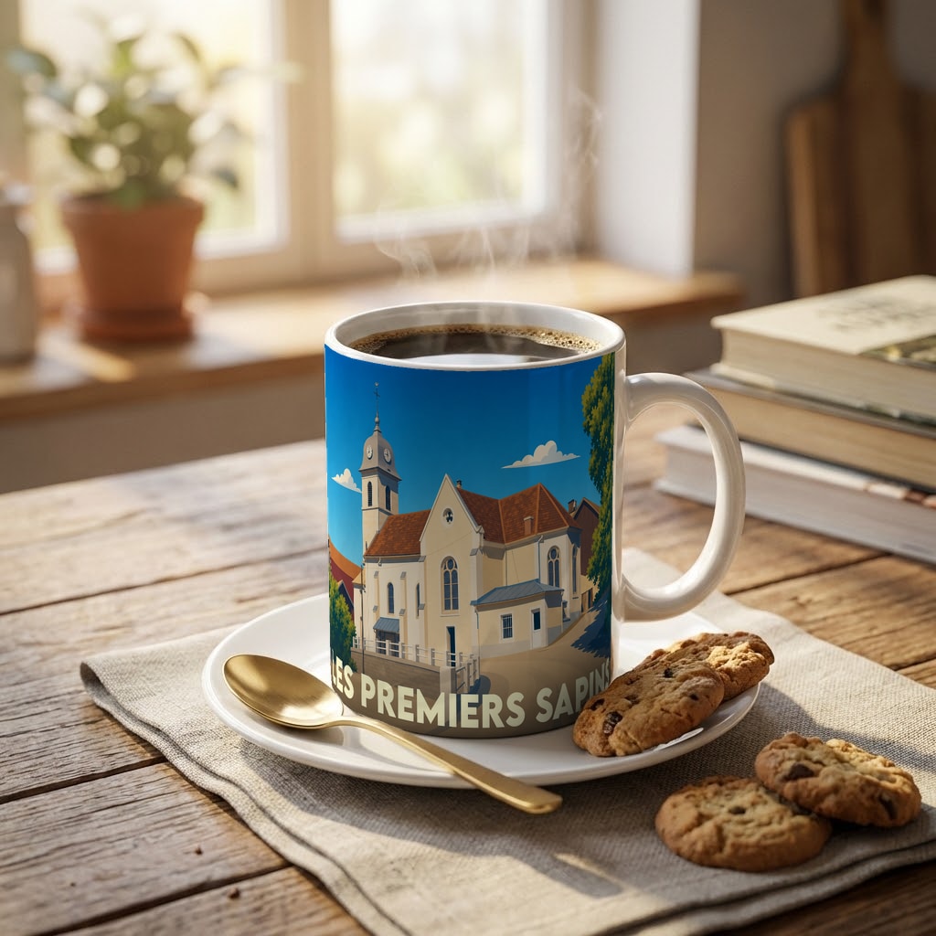 Mug souvenir de la commune de Les Premiers Sapins avec une illustration stylisée de son église.