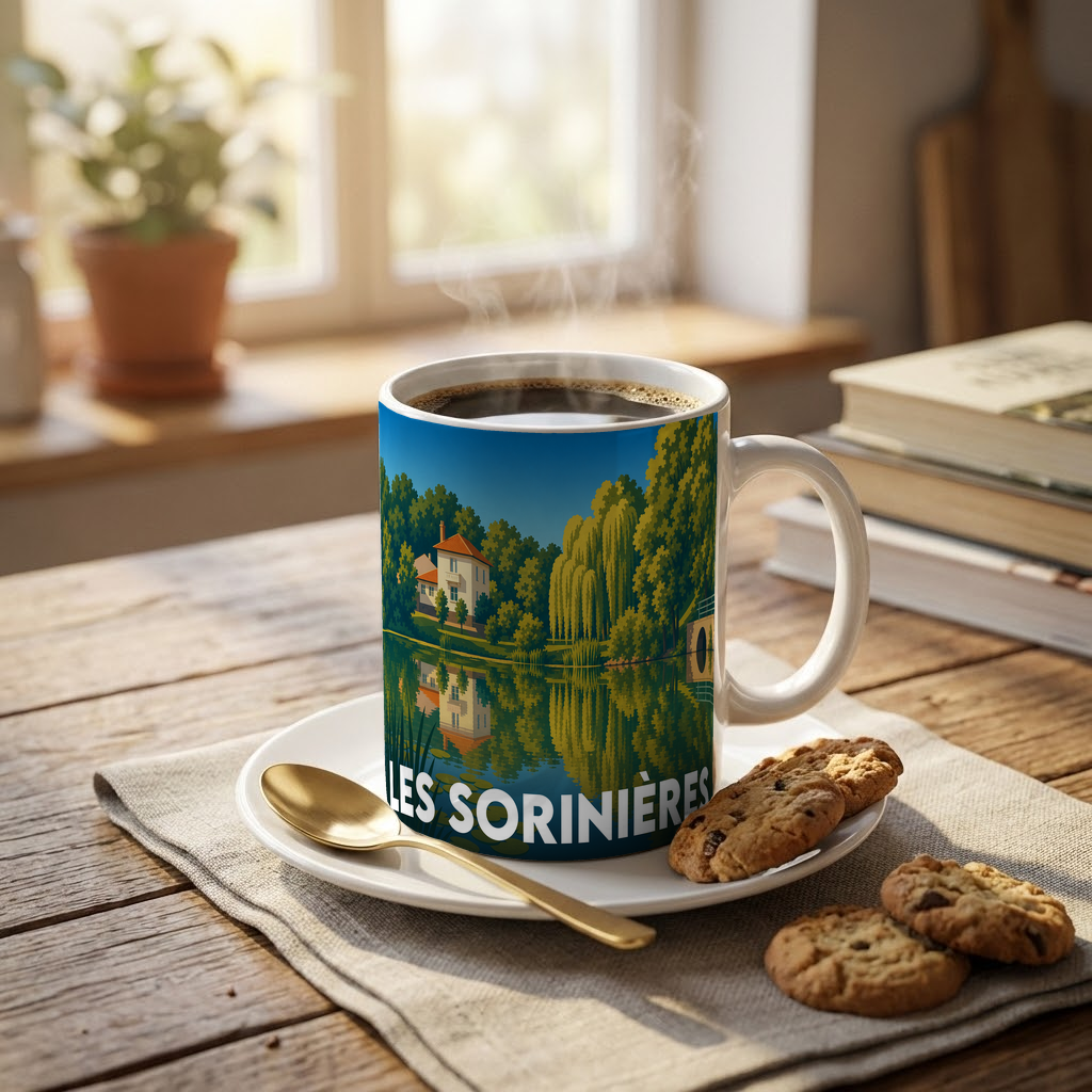 Mug souvenir de la ville de Les Sorinières orné d'une illustration stylisée d'un paysage lacustre.