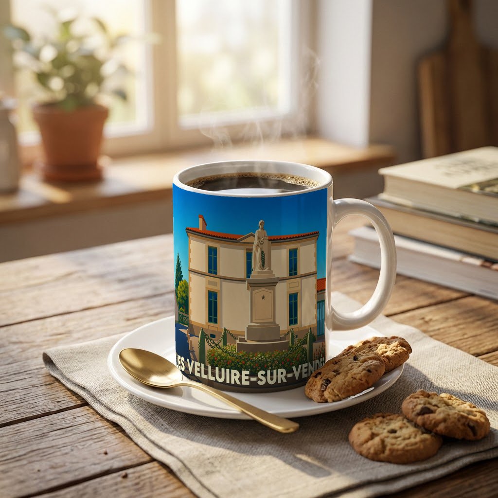 Mug souvenir de la ville de Les Velluire-sur-Vendée avec une illustration stylisée de son patrimoine.