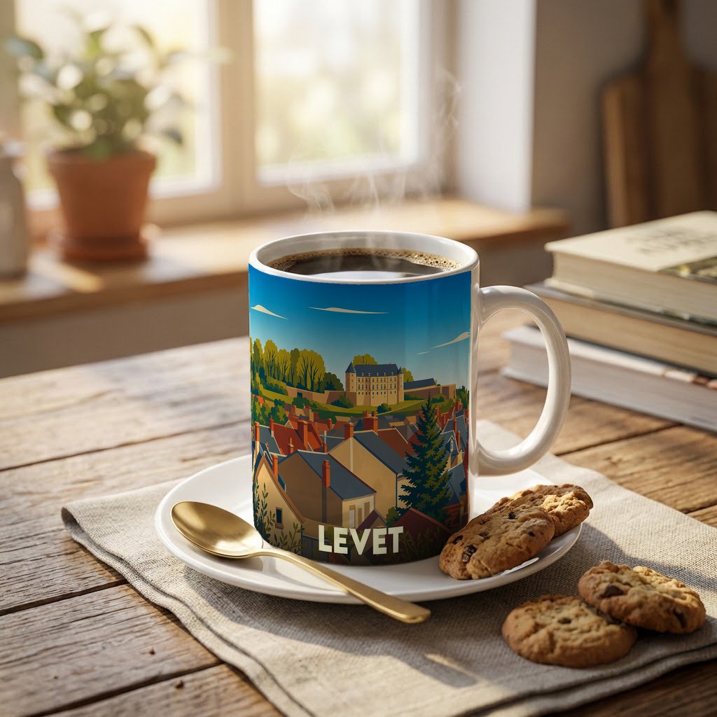 Mug souvenir de la ville de Levet avec une illustration stylisée d'un paysage urbain et d'un château.
