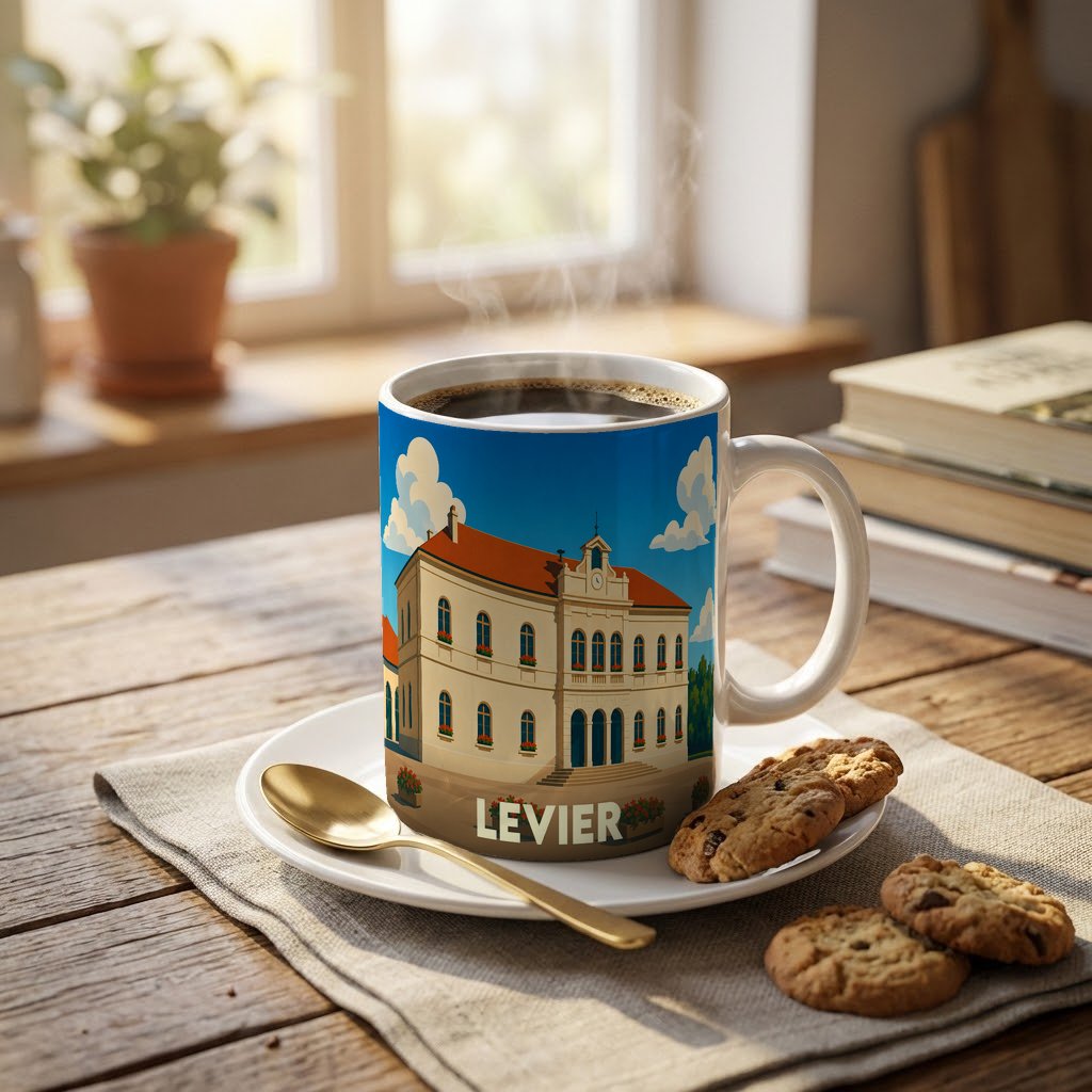 Mug souvenir de la ville de Levier avec une illustration stylisée de son hôtel de ville.
