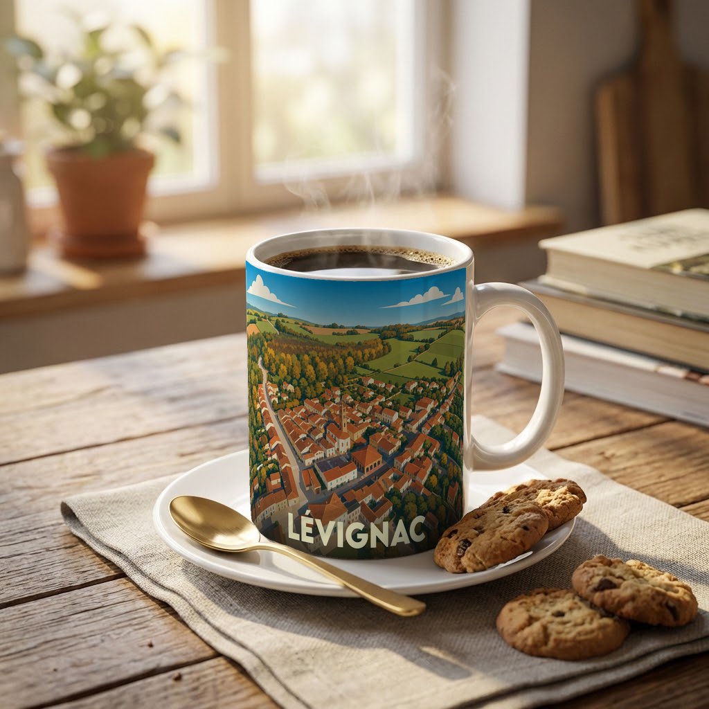 Mug souvenir de la ville de Lévignac orné d'une illustration panoramique stylisée.