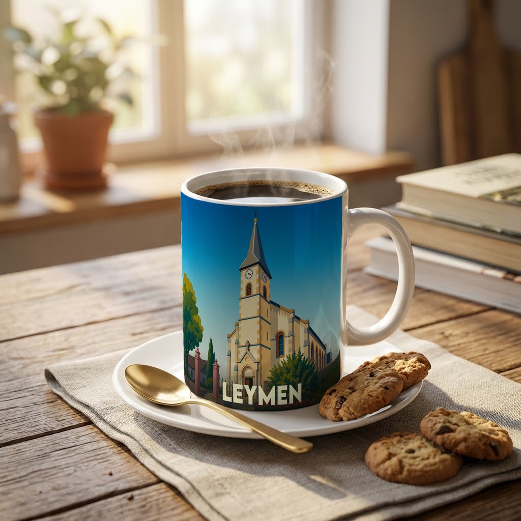 Mug souvenir de la ville de Leymen avec une illustration stylisée de son église sous un ciel bleu.