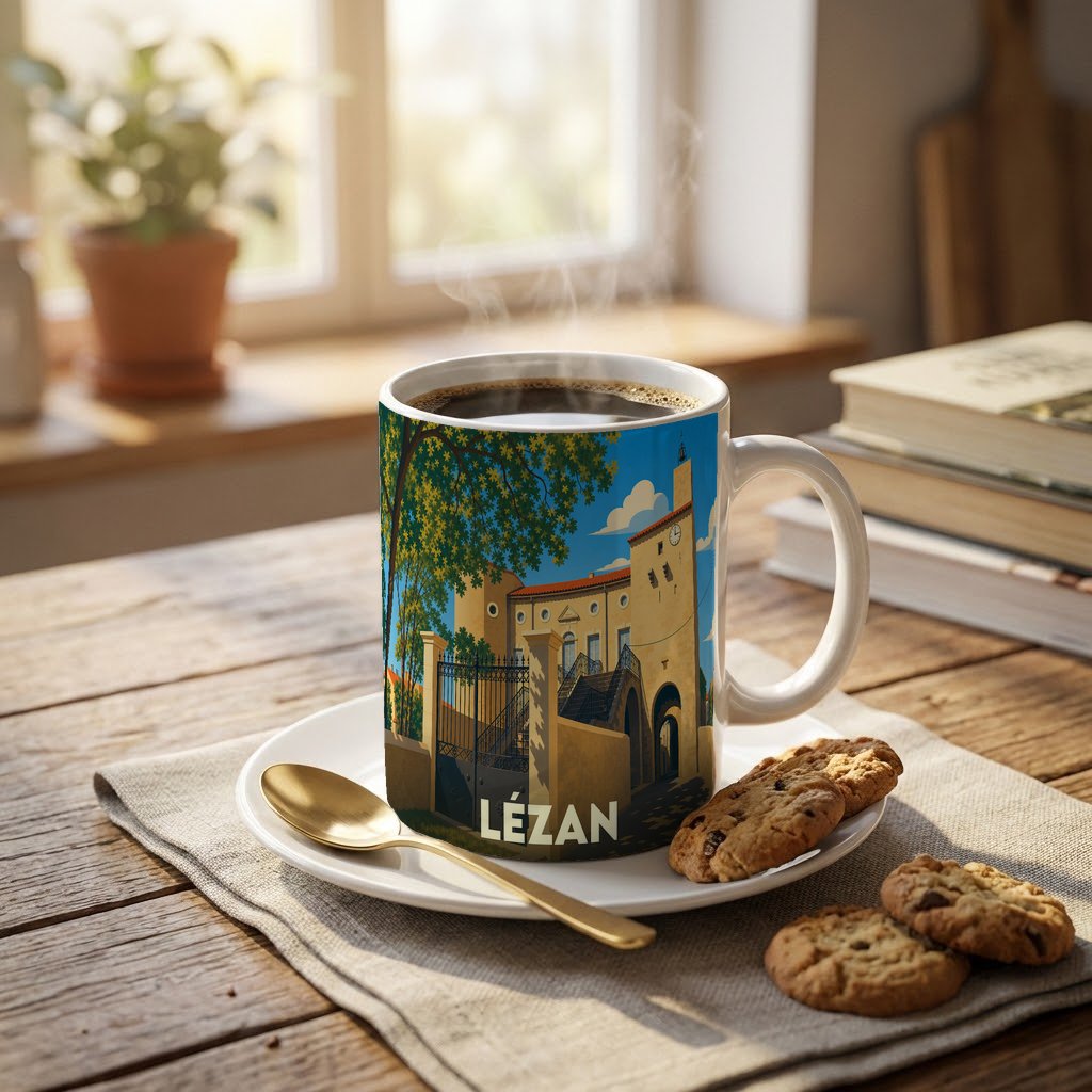 Mug souvenir de la ville de Lézan orné d'une illustration stylisée de son architecture locale.