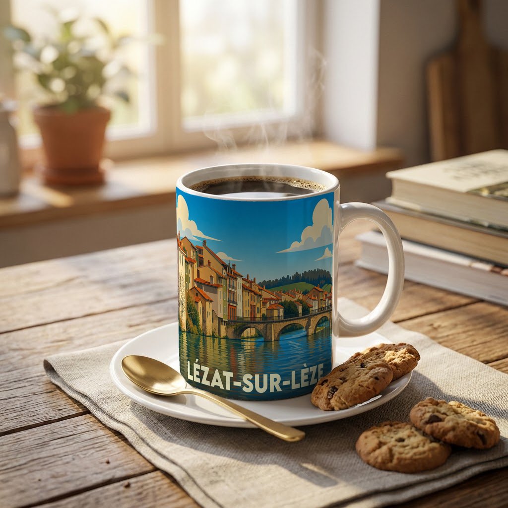 Mug souvenir de la ville de Lézat-sur-Lèze avec une illustration stylisée des bords de l'Arize.