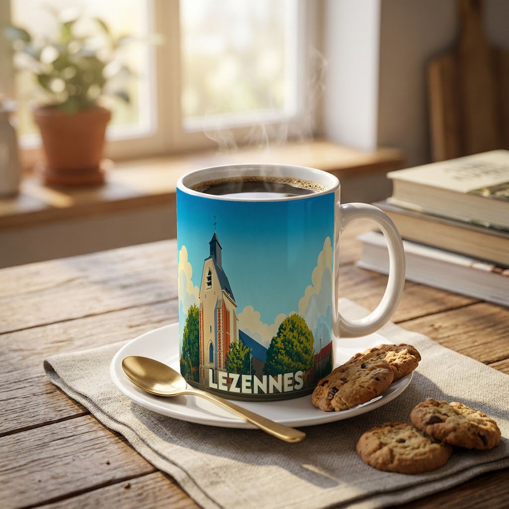 Mug souvenir de la ville de Lezennes avec une illustration stylisée de son église.