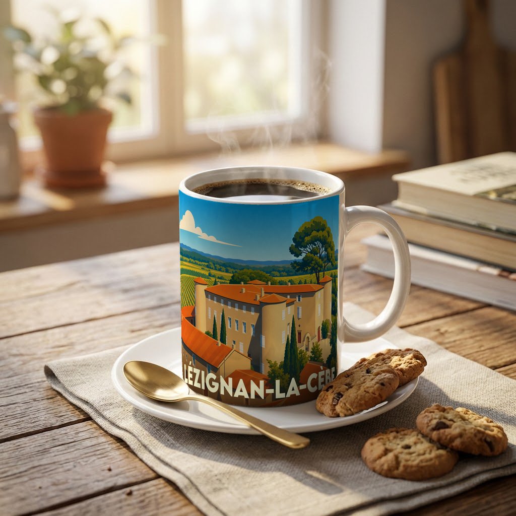 Mug souvenir de la ville de Lézignan-la-Cèbe avec une illustration stylisée d'un domaine viticole.