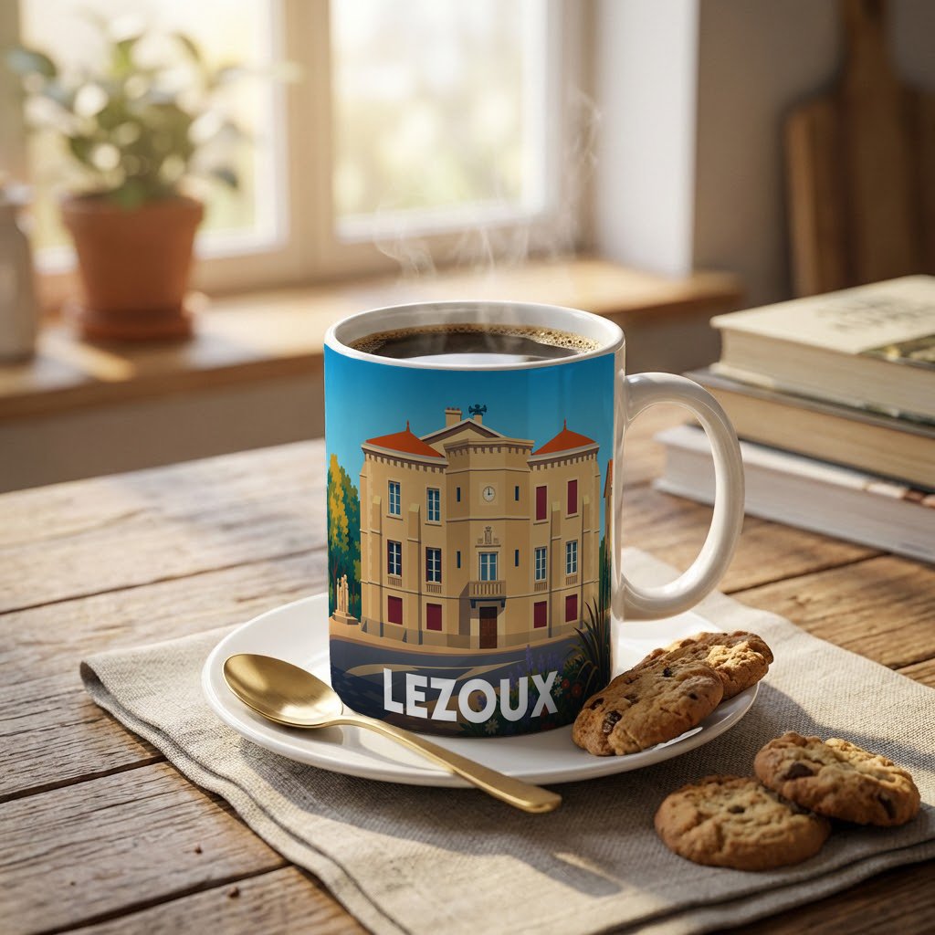 Mug souvenir de la ville de Lezoux orné d'une illustration stylisée de son patrimoine architectural.