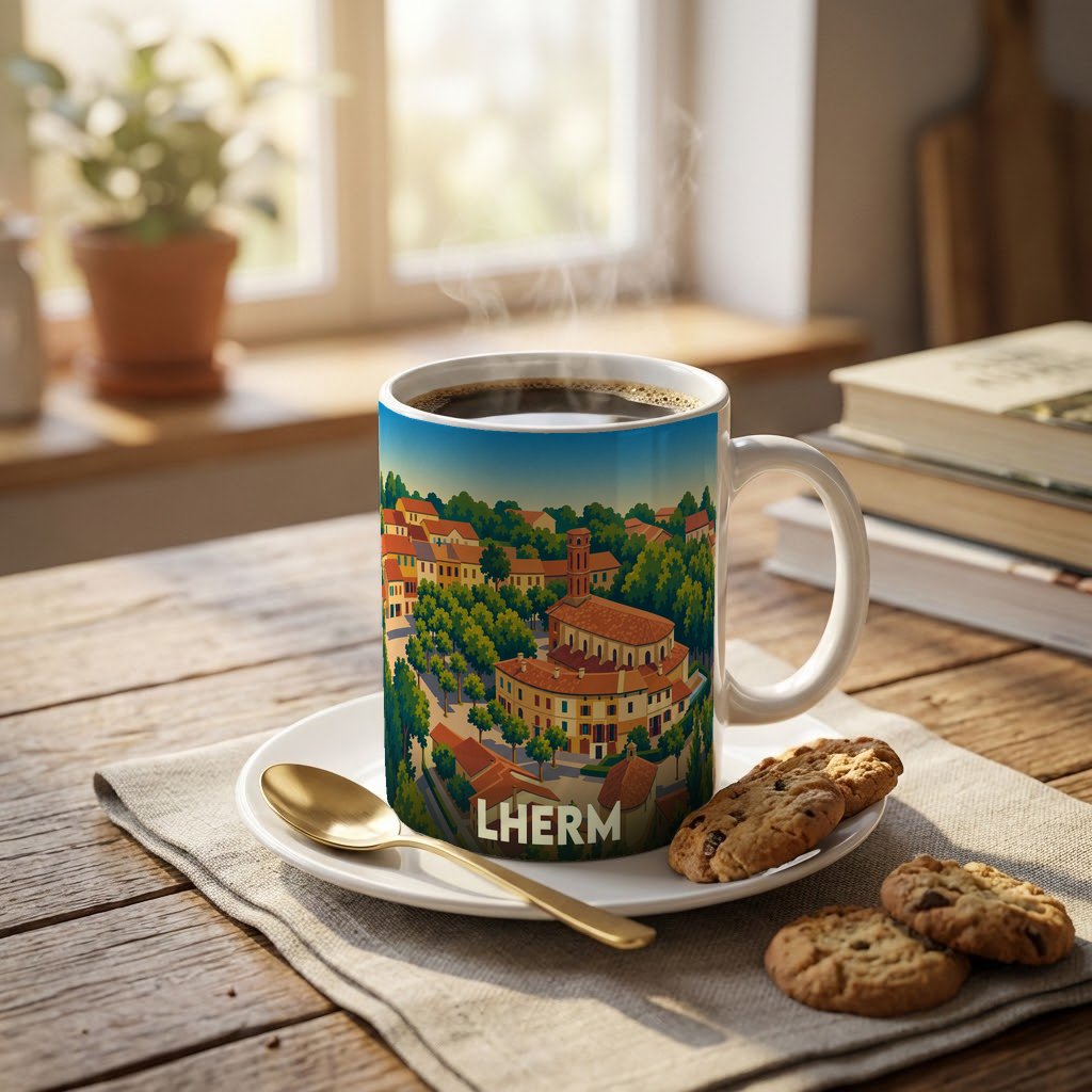 Mug souvenir de la ville de Lherm avec une illustration stylisée d'un village ensoleillé.