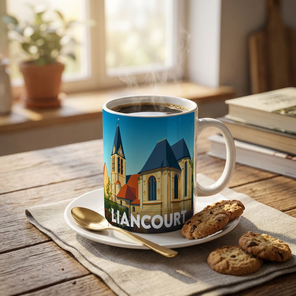 Mug souvenir de la ville de Liancourt orné d'une illustration stylisée de son église.
