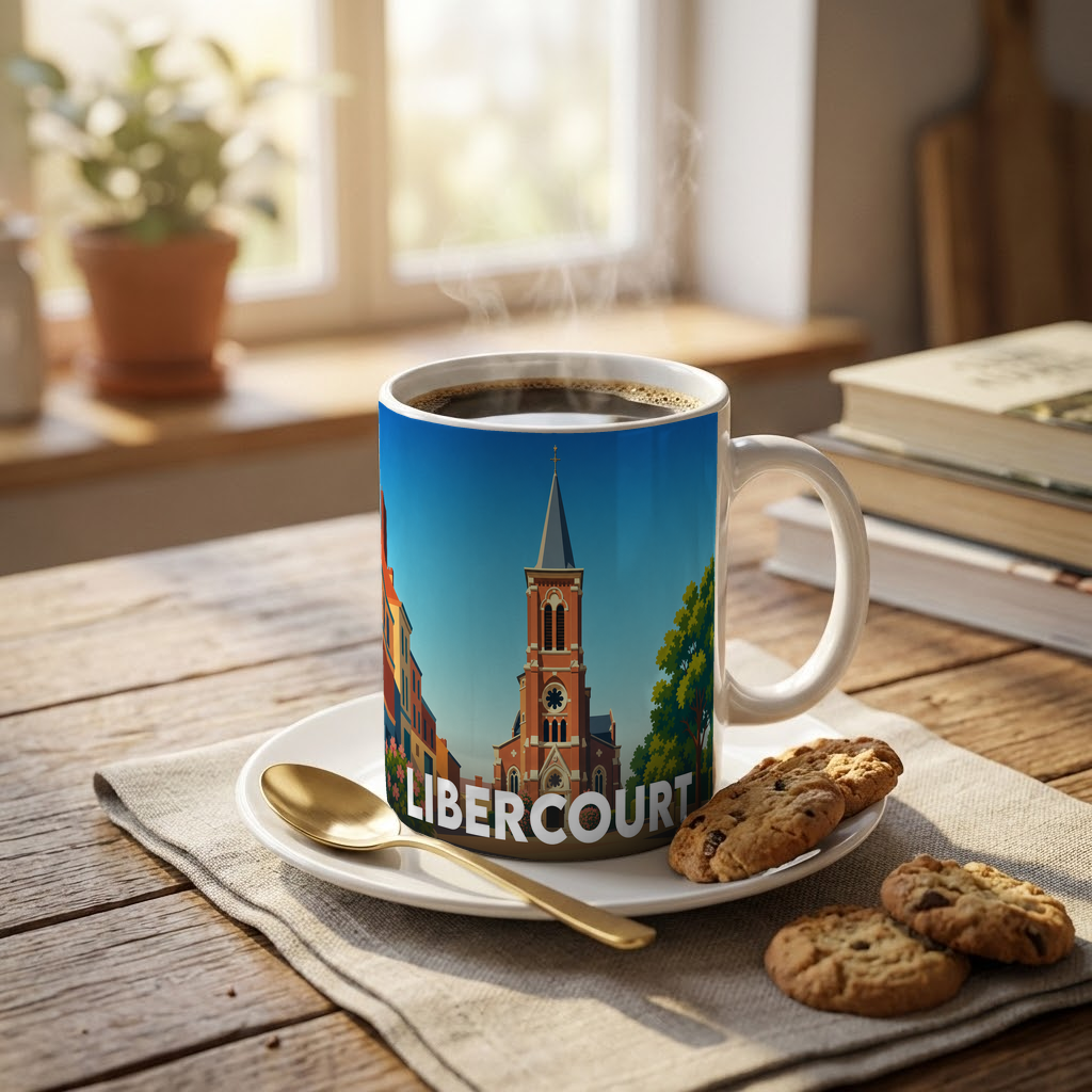 Mug souvenir de la ville de Libercourt orné d'une illustration stylisée de son église et de ses bâtiments.