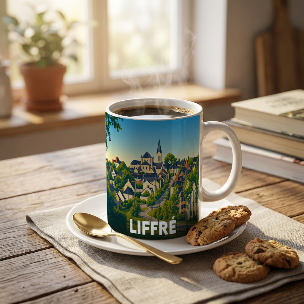 Mug souvenir de la ville de Liffré orné d'une illustration stylisée de son paysage urbain.