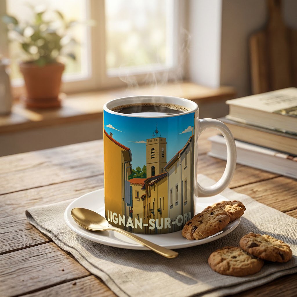 Mug souvenir de la ville de Lignan-sur-Orb avec une illustration stylisée d'une rue typique.