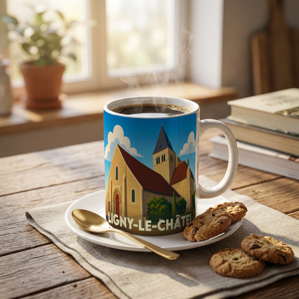 Mug souvenir de la ville de Ligny-le-Châtel avec une illustration stylisée de son église.