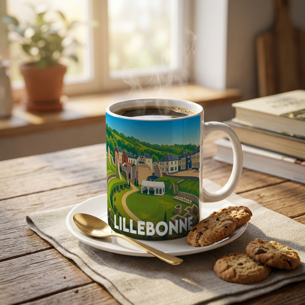 Mug souvenir de la ville de Lillebonne avec une illustration stylisée de ses paysages et monuments.