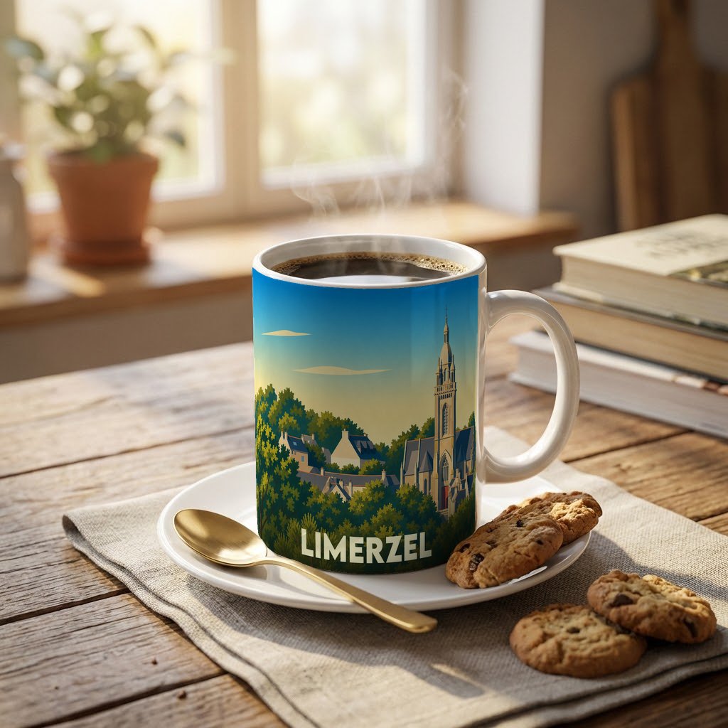 Mug souvenir de la ville de Limerzel orné d'une illustration stylisée de son église et de ses paysages.