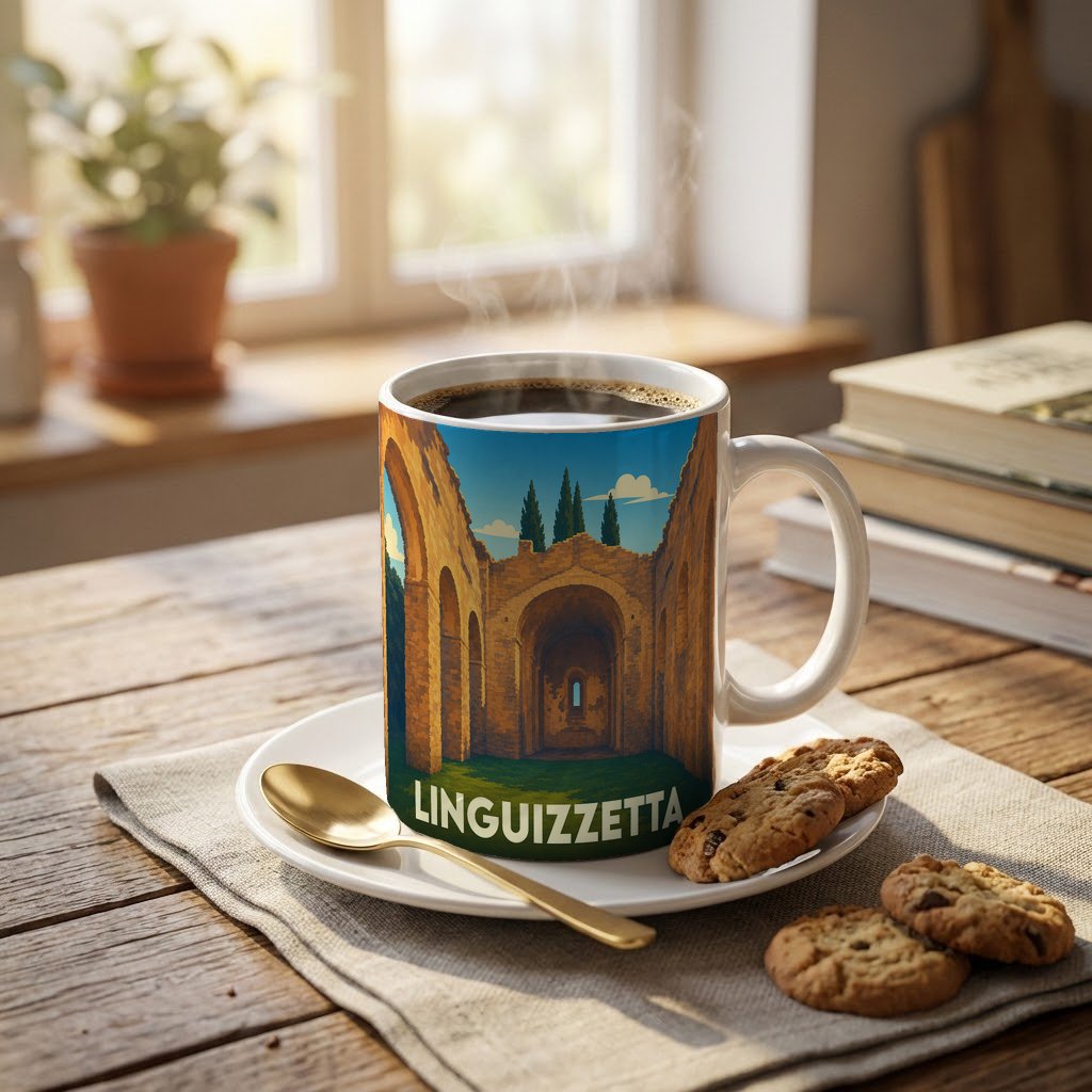 Mug souvenir de la ville de Linguizzetta orné d'une illustration stylisée de ruines historiques.