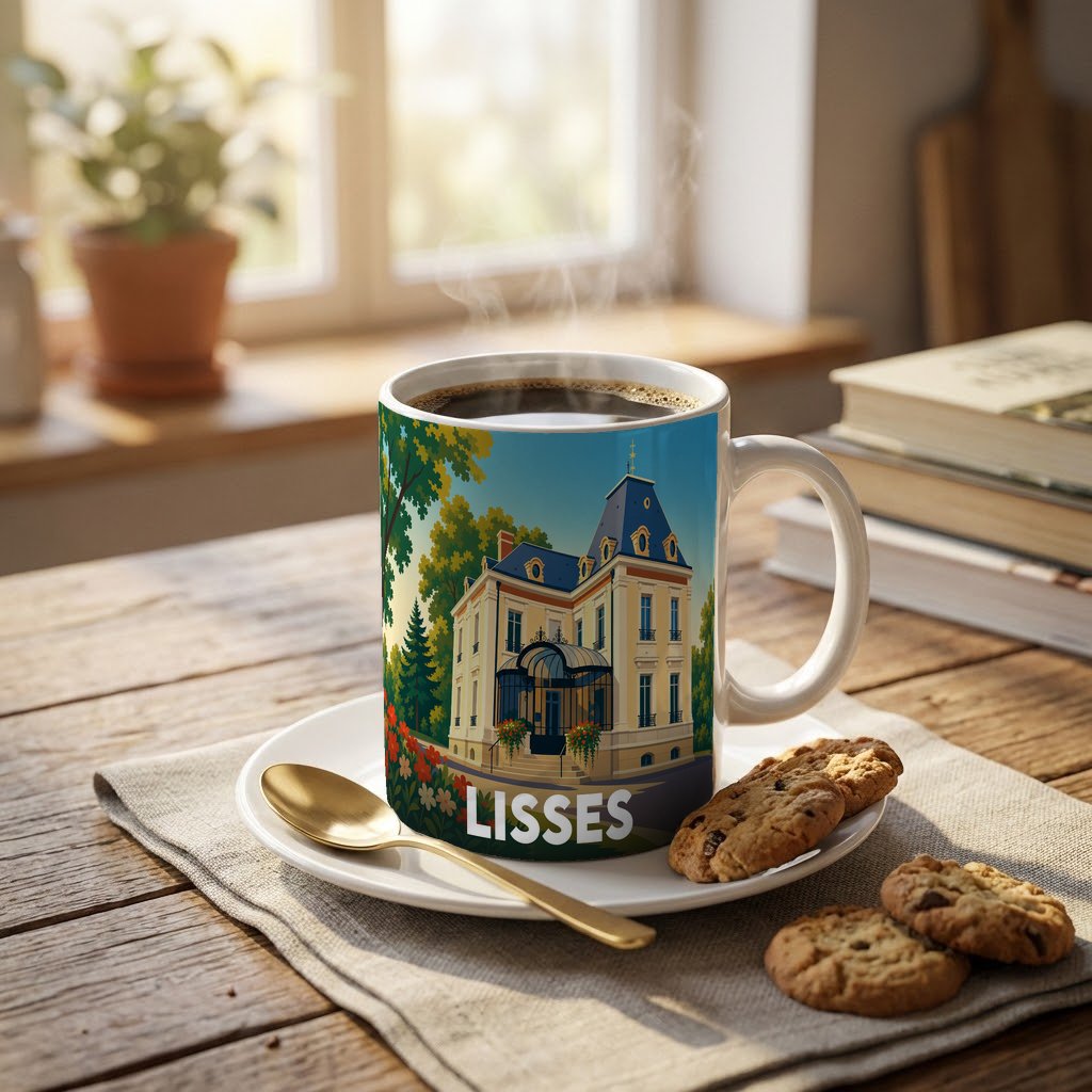 Mug souvenir de la ville de Lisses avec une illustration stylisée d'un manoir.