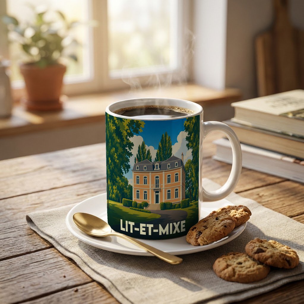 Mug souvenir de la ville de Lit-et-Mixe orné d'une illustration stylisée d'une maison de maître entourée de verdure.