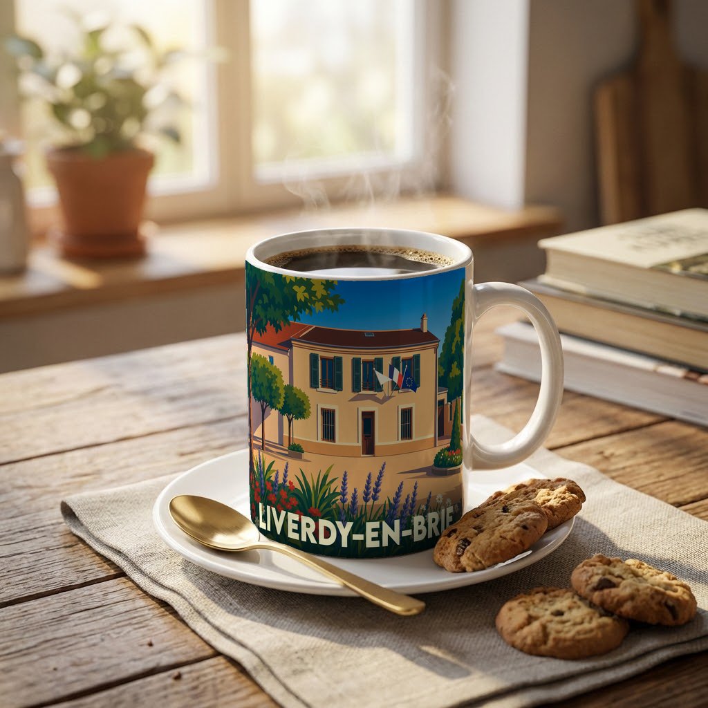 Mug souvenir de la ville de Liverdy-en-Brie orné d'une illustration colorée et stylisée de sa mairie.