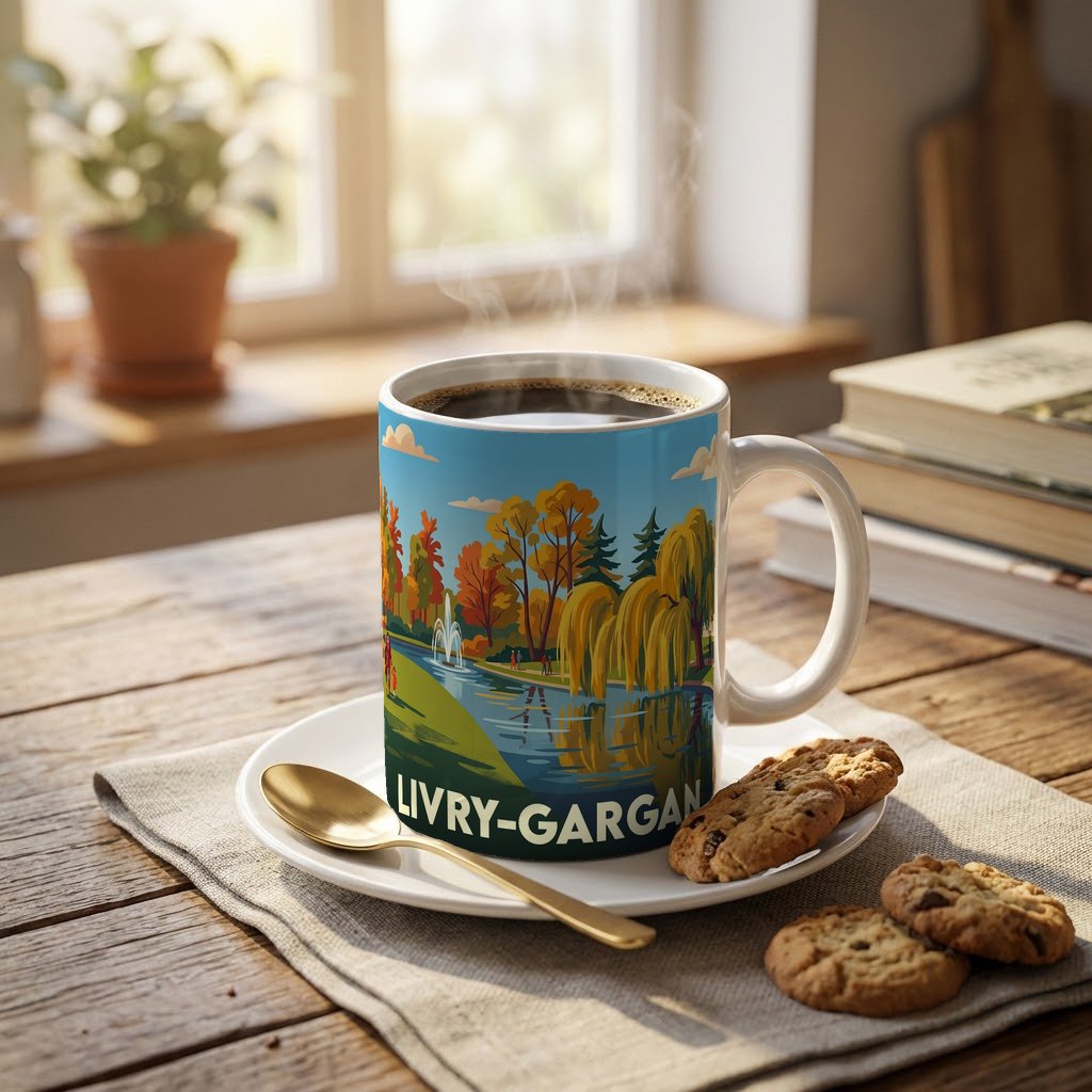 Mug souvenir de la ville de Livry-Gargan avec une illustration stylisée d'un parc au bord de l'eau.